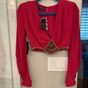Bebe Vibrant Red Embellished Blouse NWT